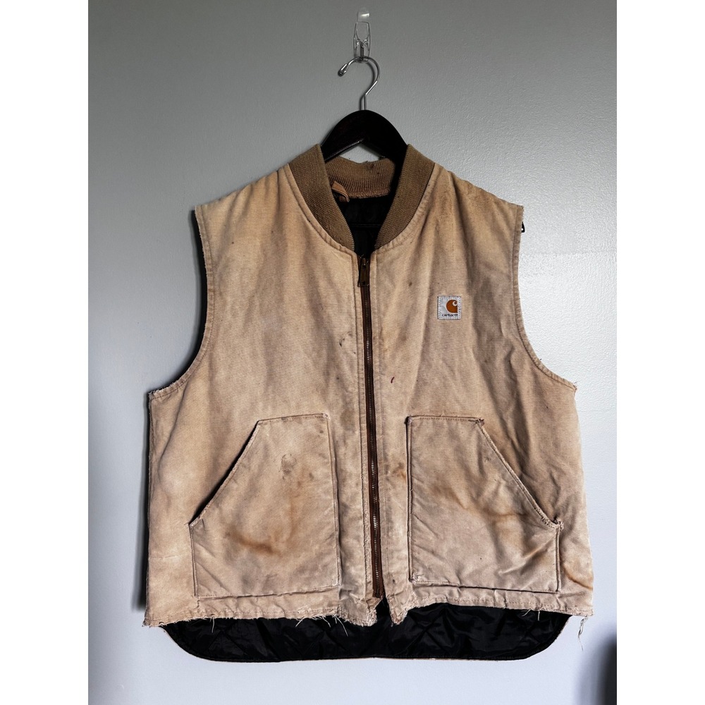 Vintage Carhartt Duck Canvas Quilted Zip Vest Tan Mens Large Distressed Tattered